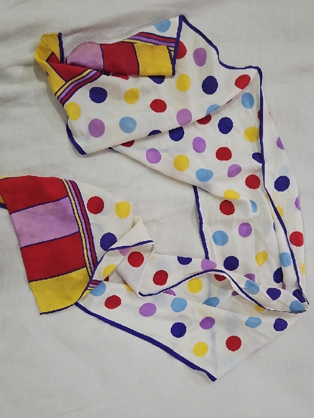 Bill Blass White Silk Scarf with Red, Yellow, Blue, Purple Polka Dots - Picture 2 of 2